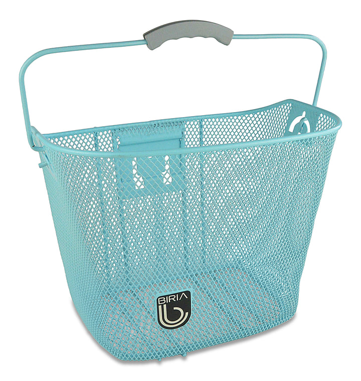 A blue quick release bike basket