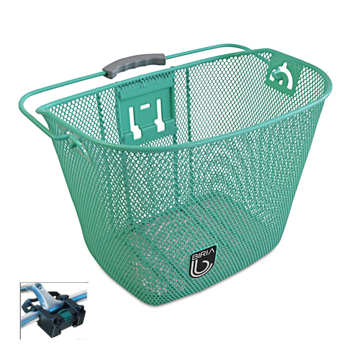 A turquoise quick release bike basket