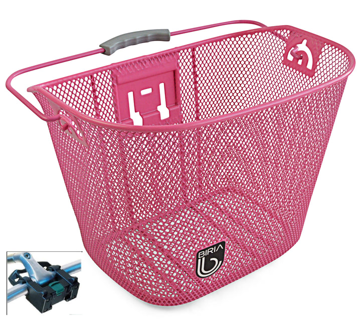 A pink quick release bike basket