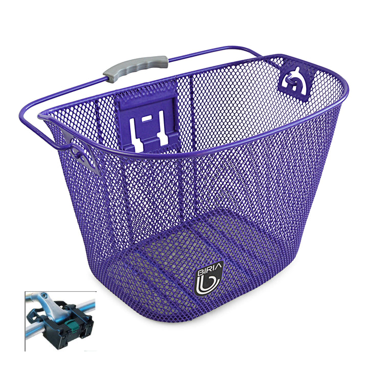 A purple quick release bike basket