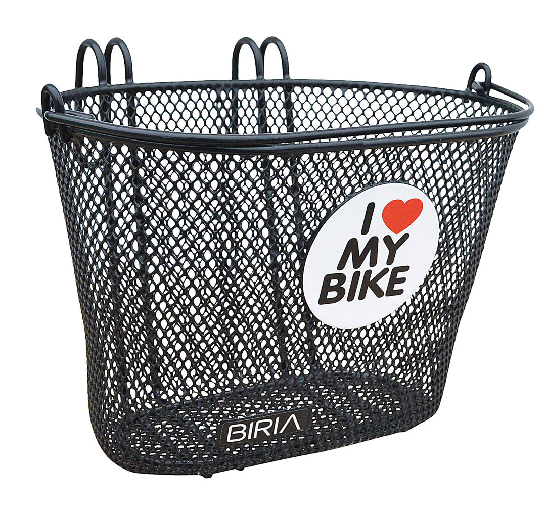 A black children's bike basket with an I love my bike sticker on it