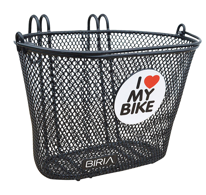 A black children's bike basket with an I love my bike sticker on it