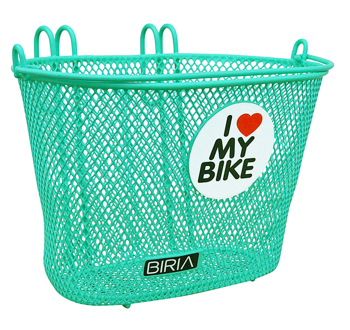 A turqouise children's bike basket with an I love my bike sticker on it