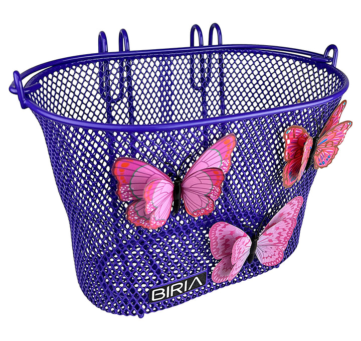 A purple children's bike basket with butterflies on it.