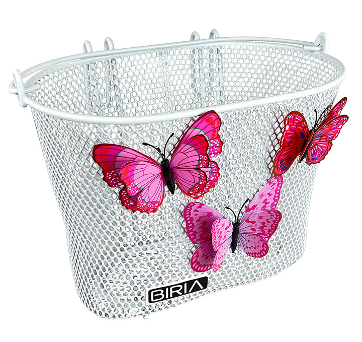 A white children's bike basket with butterflies on it.