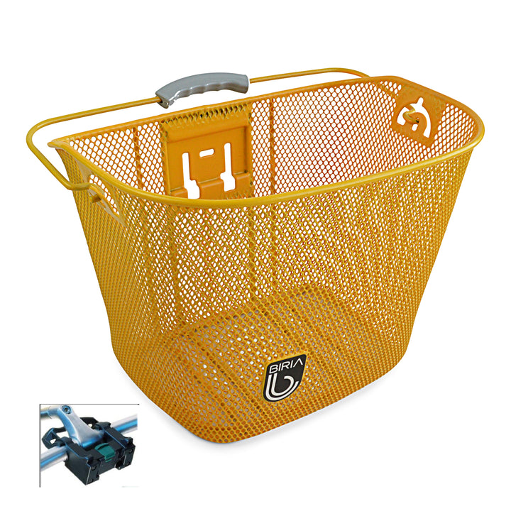 A yellow quick release bike basket