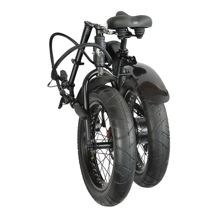Black electric folding bike which has been folded