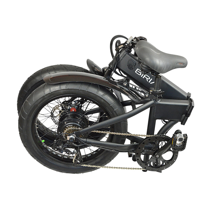 Black electric folding bike which has been folded side view