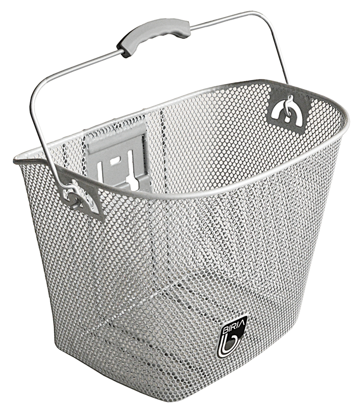 A grey quick release bike basket