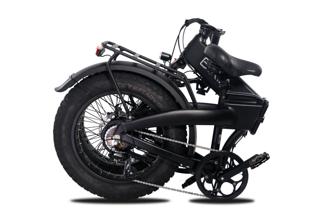 Black electric folding bike with torque sensor which has been folded