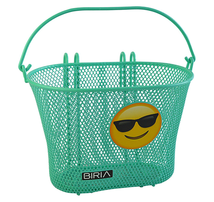 A turquoise children's bike basket with a Smiling Face with Sunglasses Emoji on it