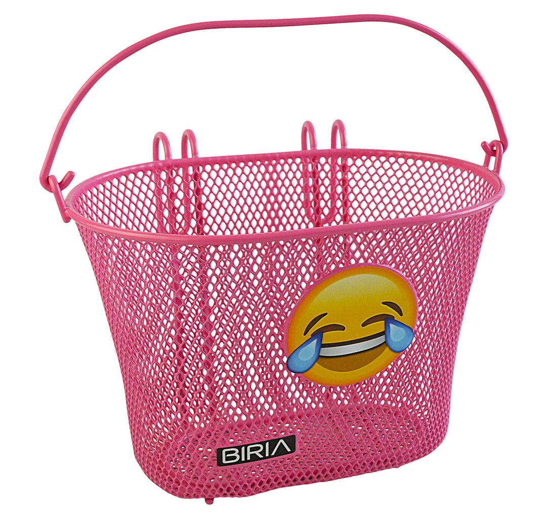 A pink children's bike basket with a crying laughing emoji on it.