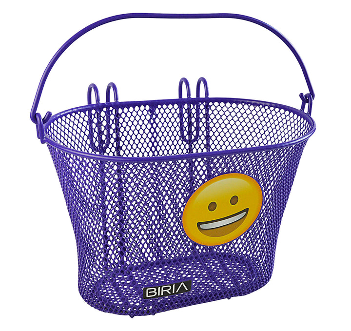 A purple children's bike basket with a smiling face emoji on it