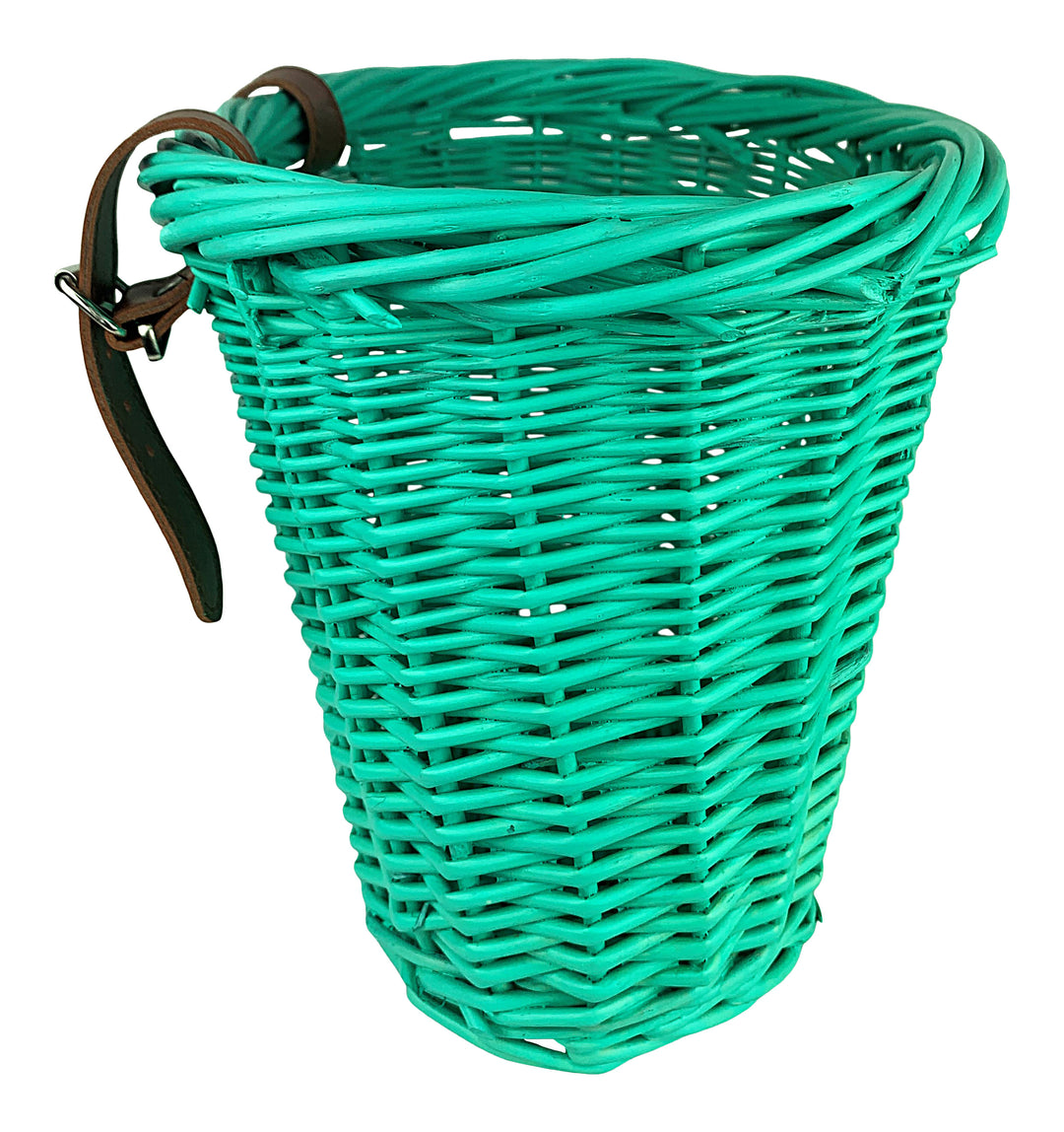 Teal wicker bike basket side view