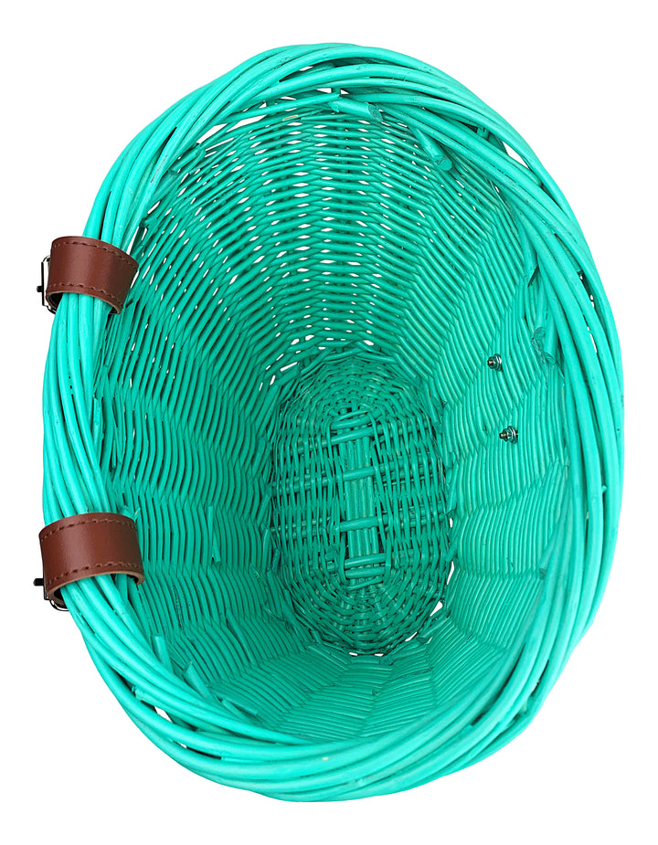 Teal wicker bike basket top view