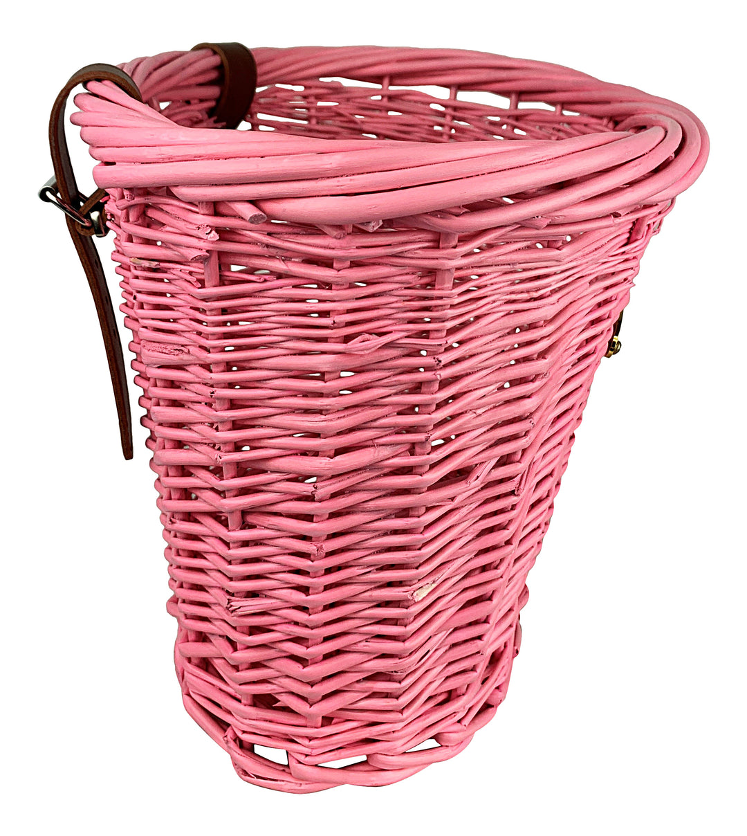 Pink wicker bike basket side view